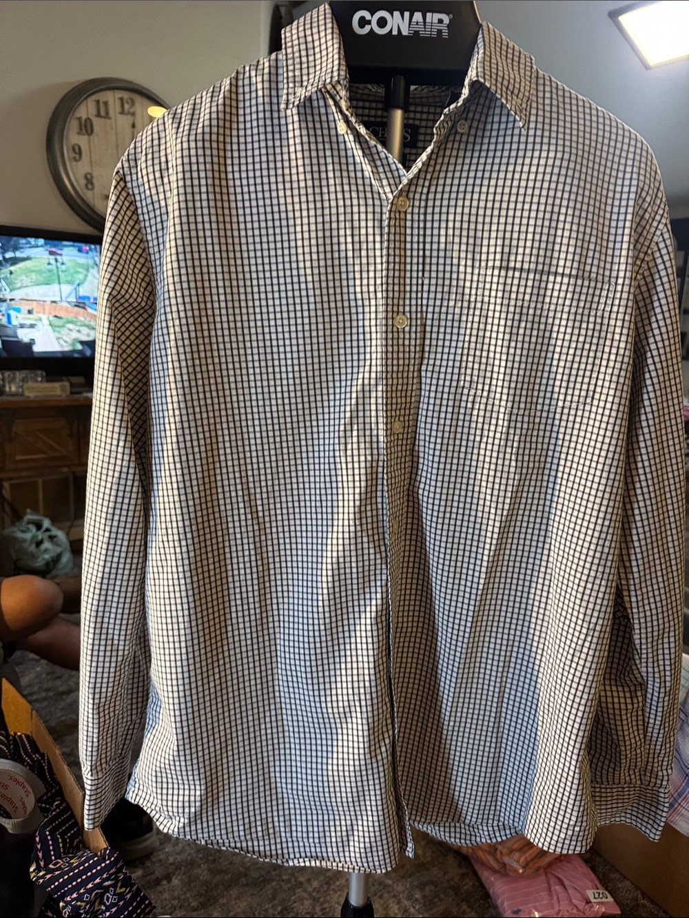 Champs Men’s Long-Sleeve Button-Down Check Shirt - Navy & White